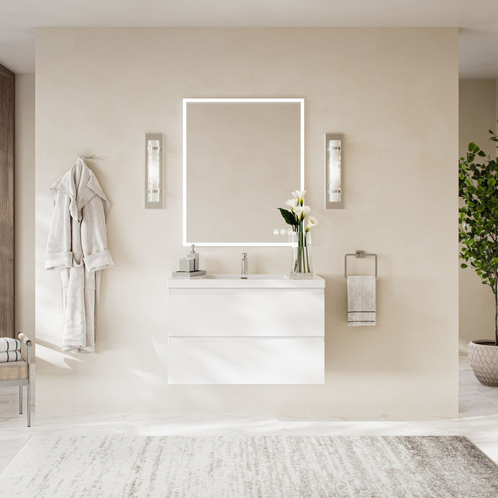 The Beacon Bathroom Vanity, Single Sink, 36", High Gloss White, Wall Mounted