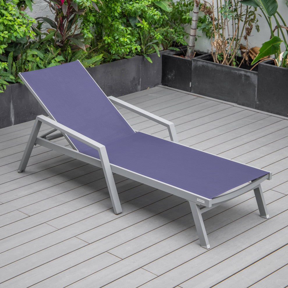 LeisureMod Marlin Patio Chaise Lounge Chair With Arms Gray Frame, Navy Blue