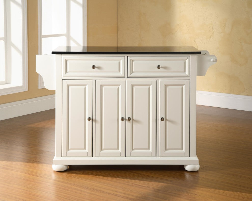 Alexandria Solid Black Granite Top Kitchen Island, White