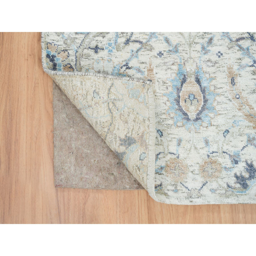 Ivory Silk With Wool Hand Knotted Sickle Leaf Design XL Runner Rug, 2'6"x23'10"
