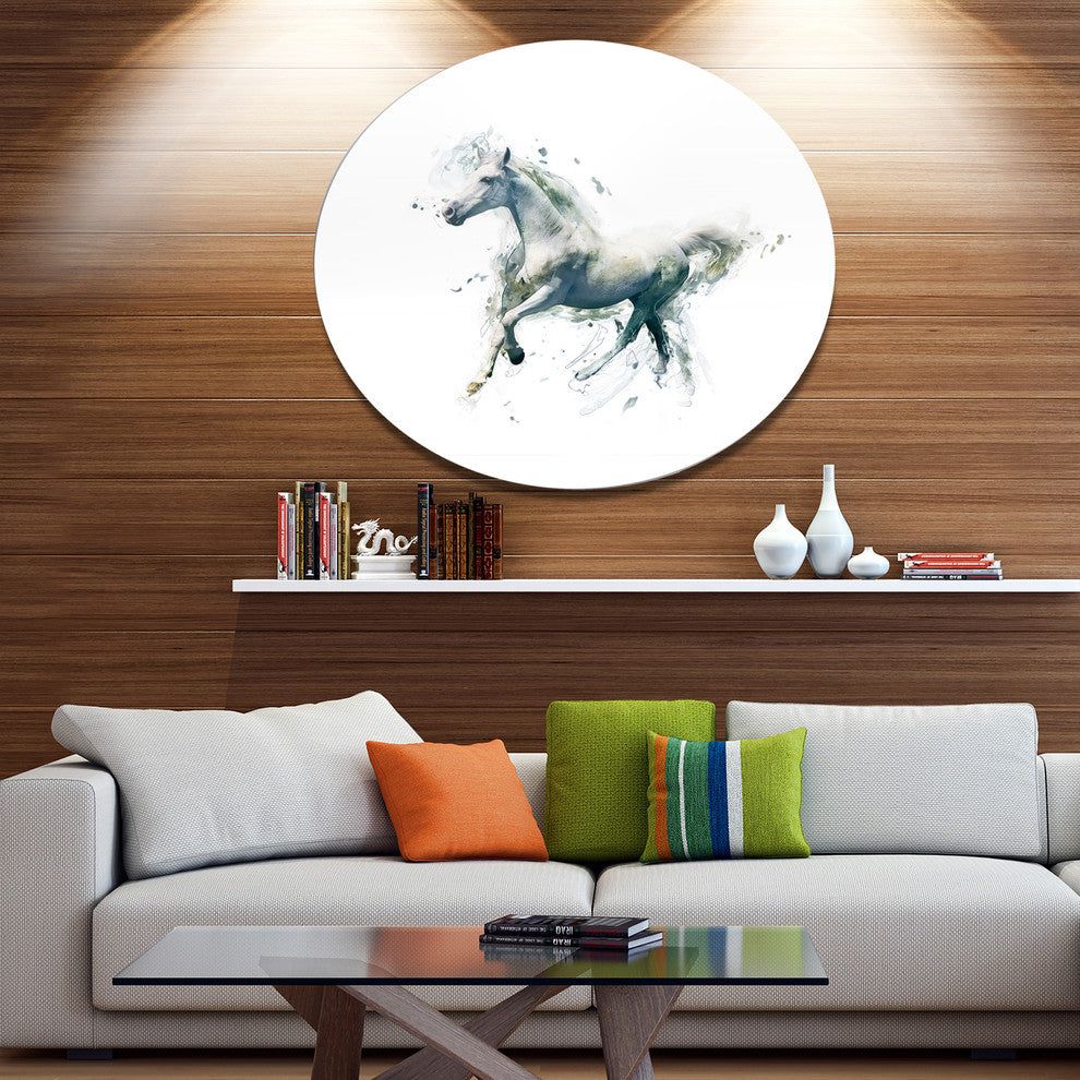 White Horse In Motion On White, Animal Round Metal Wall Art, 23"