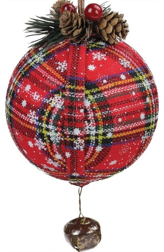 7.5" Red Plaid Christmas Ball Ornament With Rustic Bell