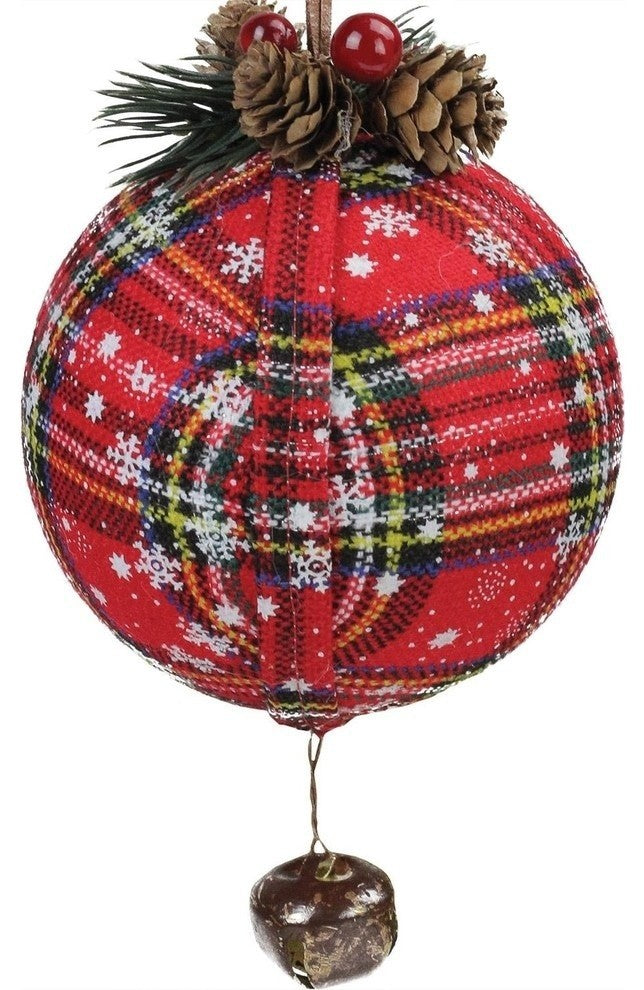 7.5" Red Plaid Christmas Ball Ornament With Rustic Bell