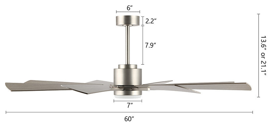 60" Reversible 8-Blade LED Ceiling Fan With Remote, Light, Brushed Nickel/Gray