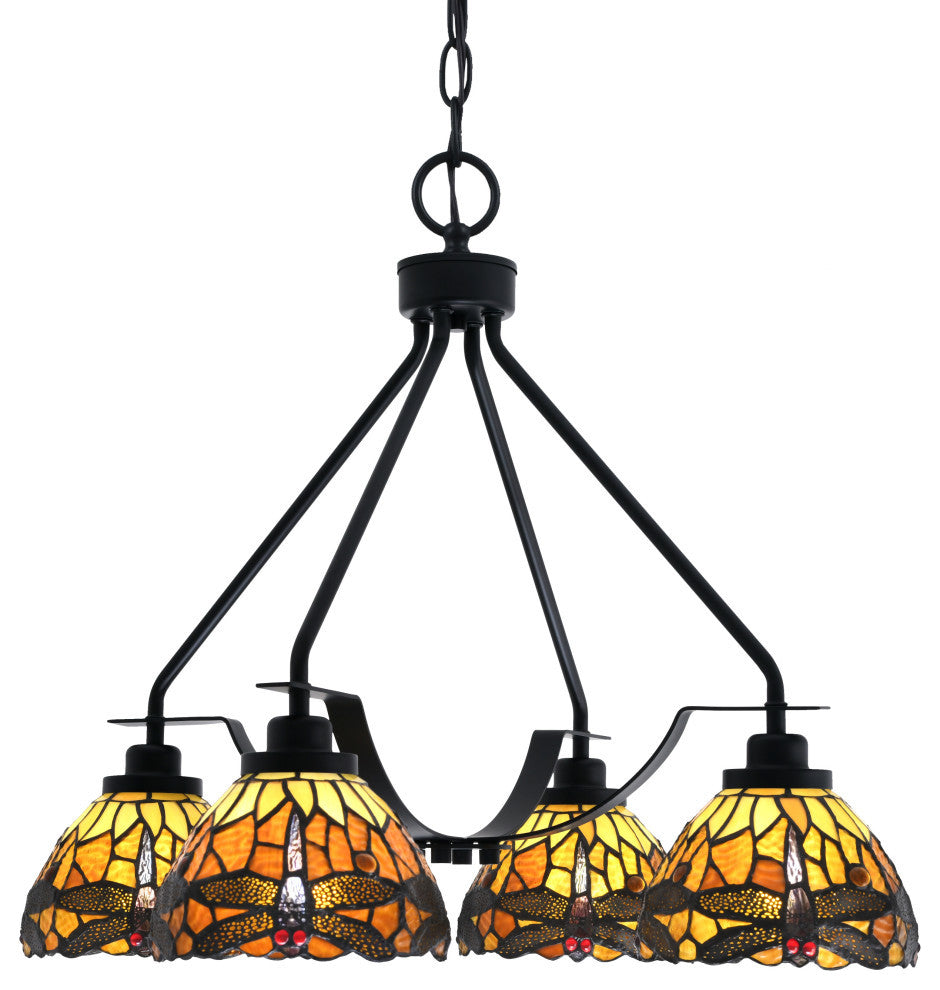 Odyssey 4 Light, Chandelier In Matte Black Finish, 7" Amber Dragonfly Art Glass
