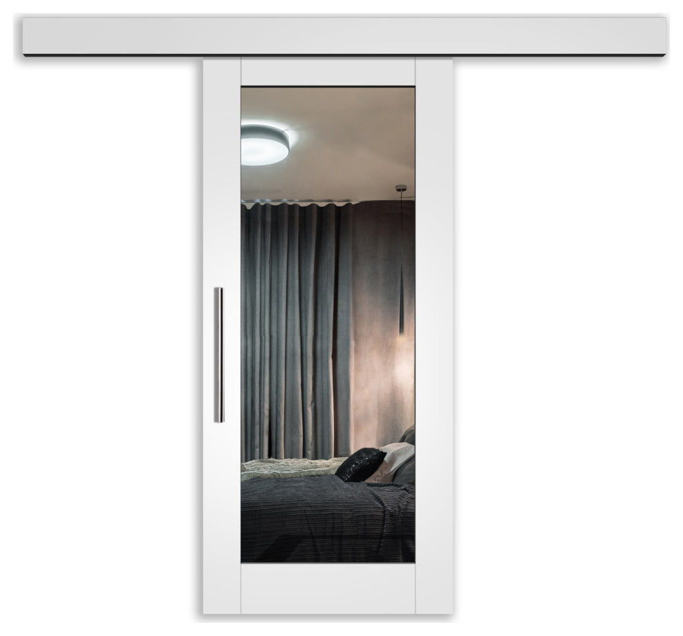 Mirrored White Painted Solid Wood Sliding Barn Door + Full Length Mirror, 36"x84" Inch, Hardware With Fascia, 1x Mirror One-Side
