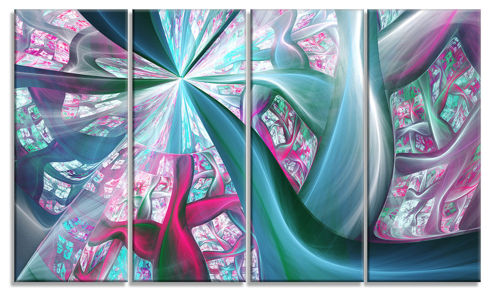 Blue Pink Fractal Plant Stems, Abstract Canvas Art Print, 48"x28", 4 Panels