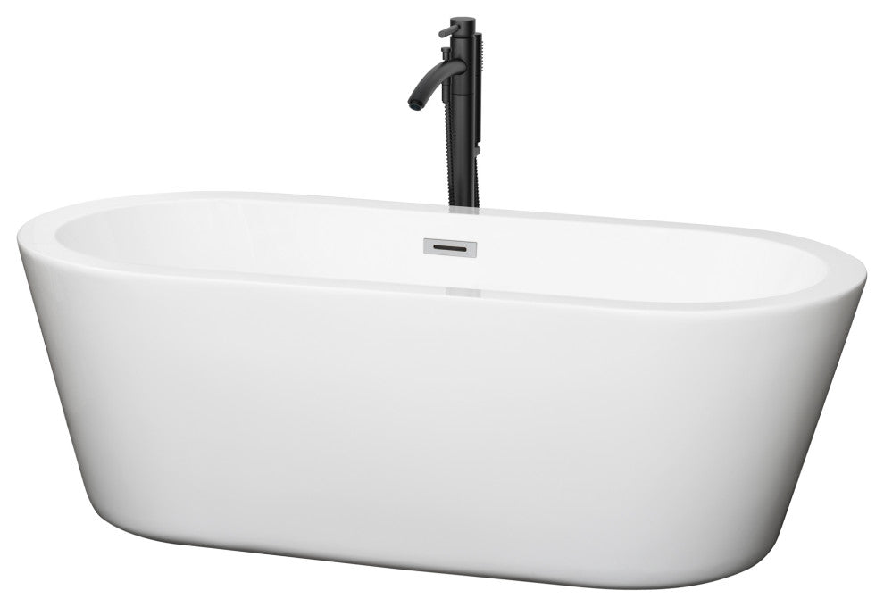 67" Freestanding Bathtub, White, Chrome Trim, Floor Mounted Faucet, Black