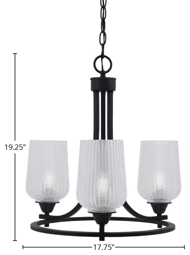 Paramount 3-Light Chandelier, Matte Black, 5" Clear Textured Glass