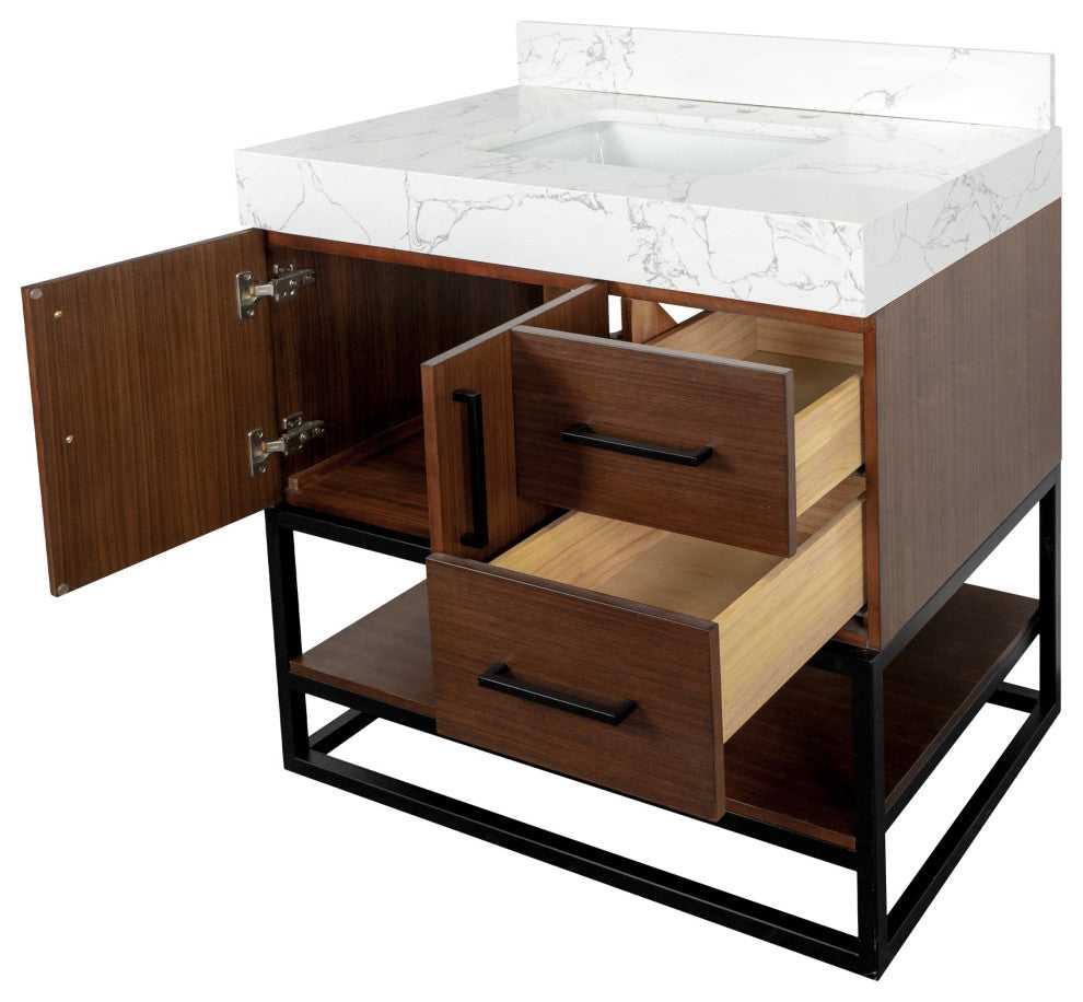 Ellis 36" Bathroom Vanity, Walnut, Top: Engineered Marble