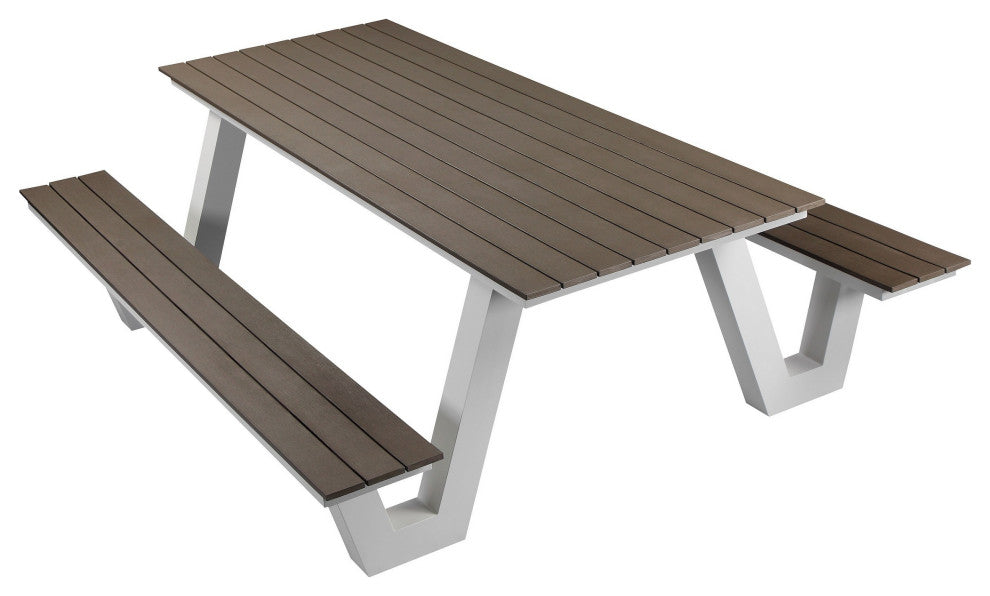 Benzara BM287776 Picnic Table, Smooth Gray Polyresin Slats, Aluminum Frame