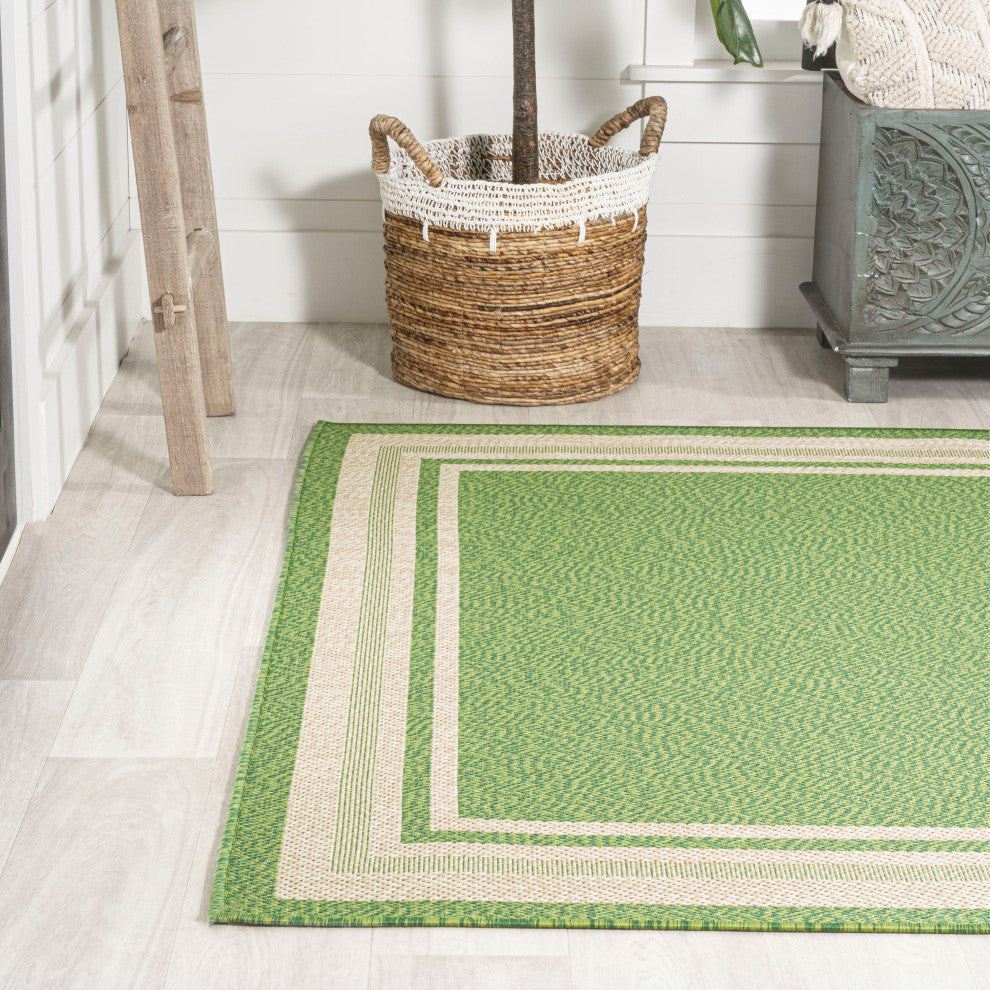 James Modern Border Stripe Indoor/Outdoor Area Rug, Green/Cream, 5x8