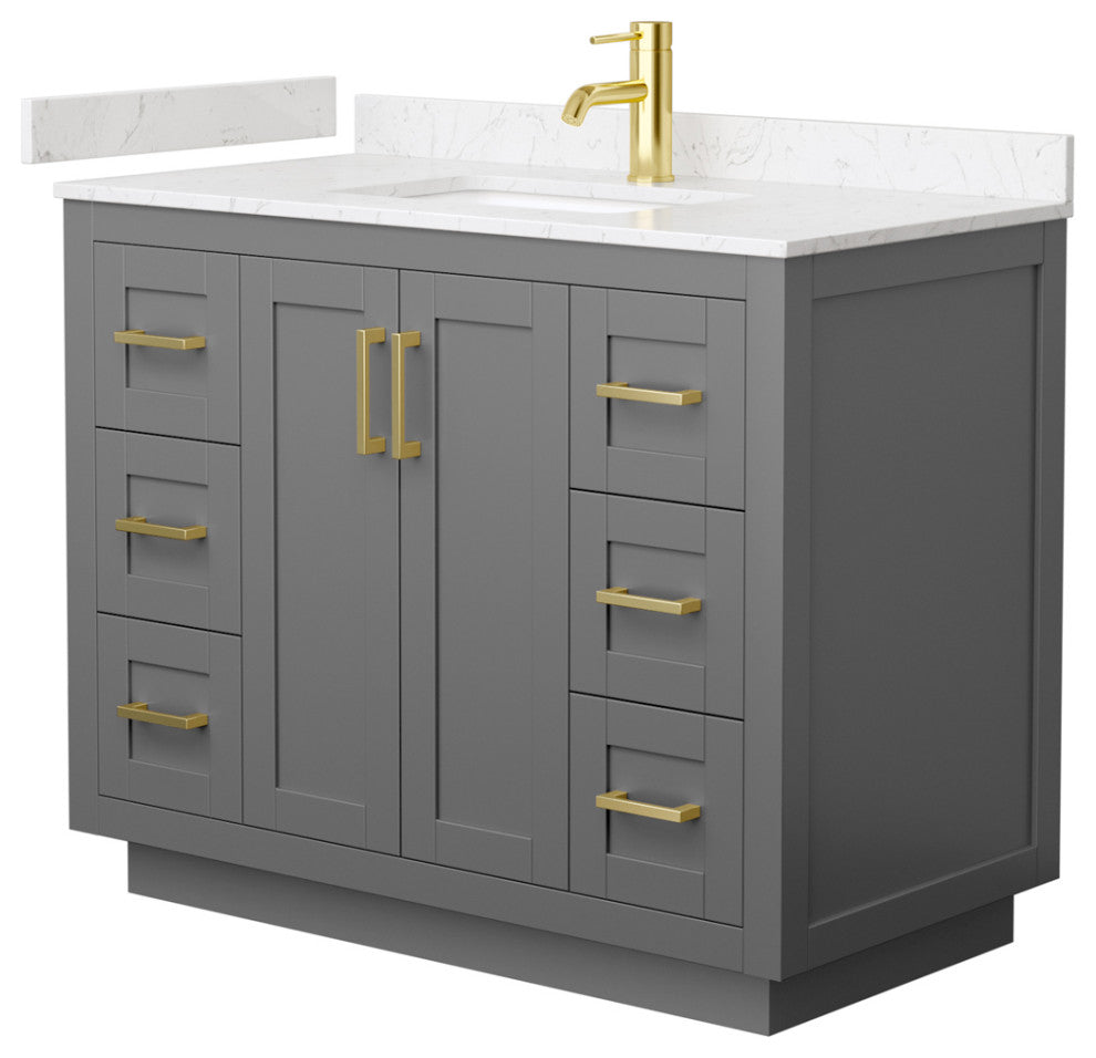 42"SGL Vanity Dark Gray, Light-Vein Carrara Cult. Marble Top, Sink, Gold Trim