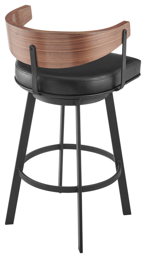 Lacey Swivel Stool, Black/Walnut Finish & Black Faux Leather, Bar, 30"