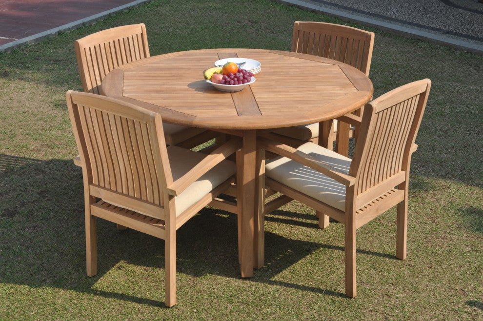 5-Piece Outdoor Teak Dining Set: 52" Round Table, 4 Wave Stacking Arm Chairs