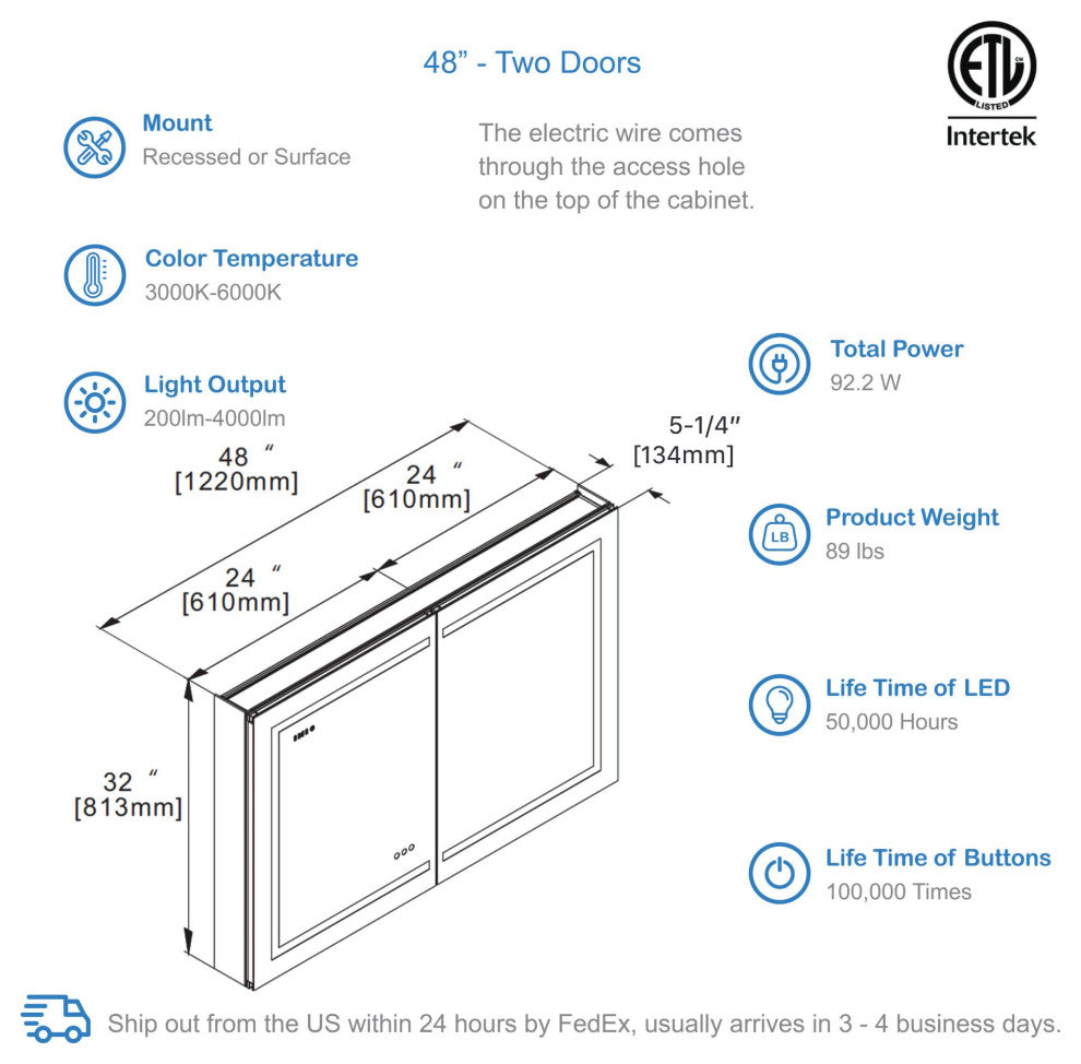 LED Medicine Cabinet With Defog, Dimmer, Makeup Mirror, Outlets, 48x32