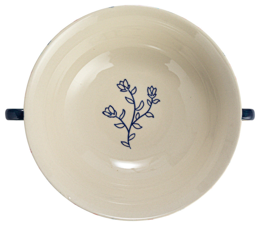 Hand-Painted Stoneware Footed Bowl With Handles and Stripes, Multicolor