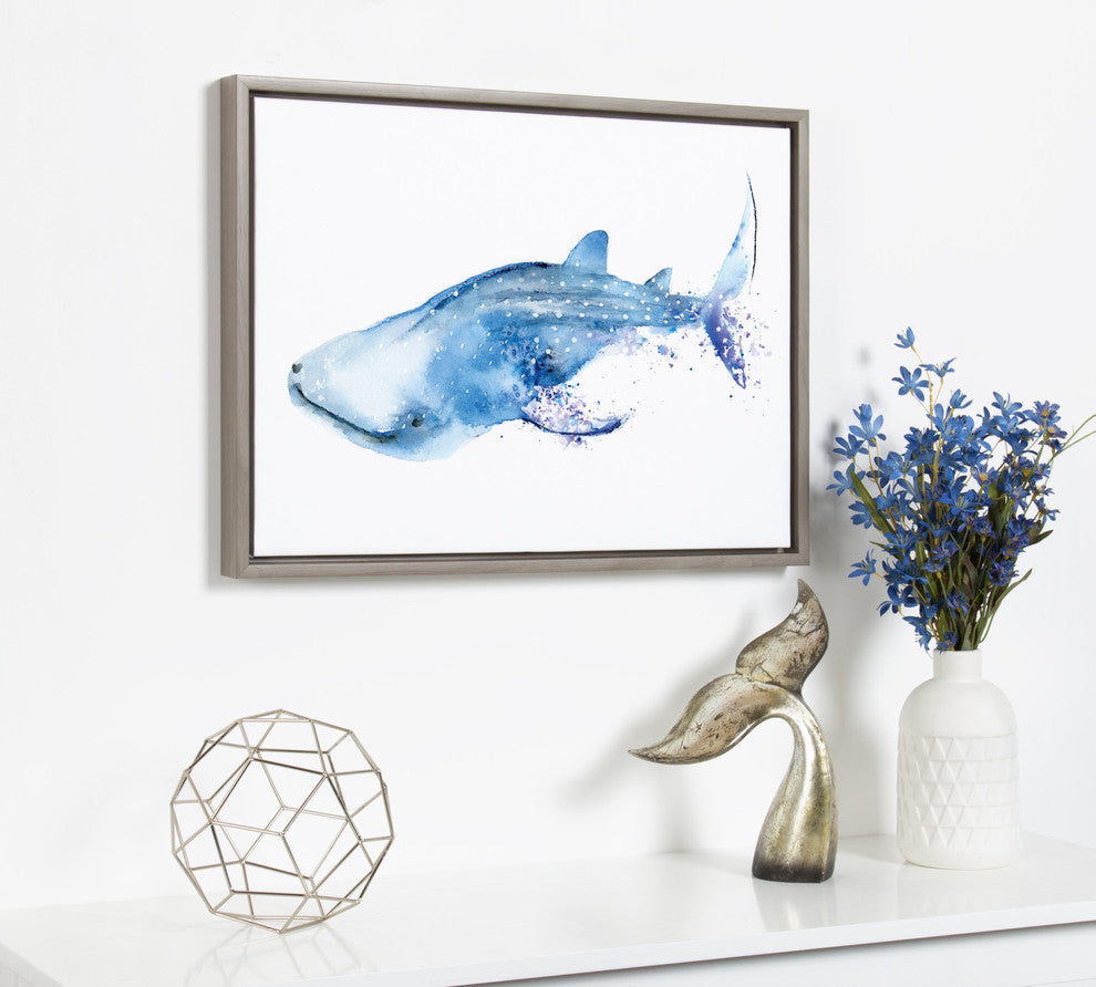 Sylvie Watercolor Swimming Whale Shark Framed Canvas Art, Gray, 18x24