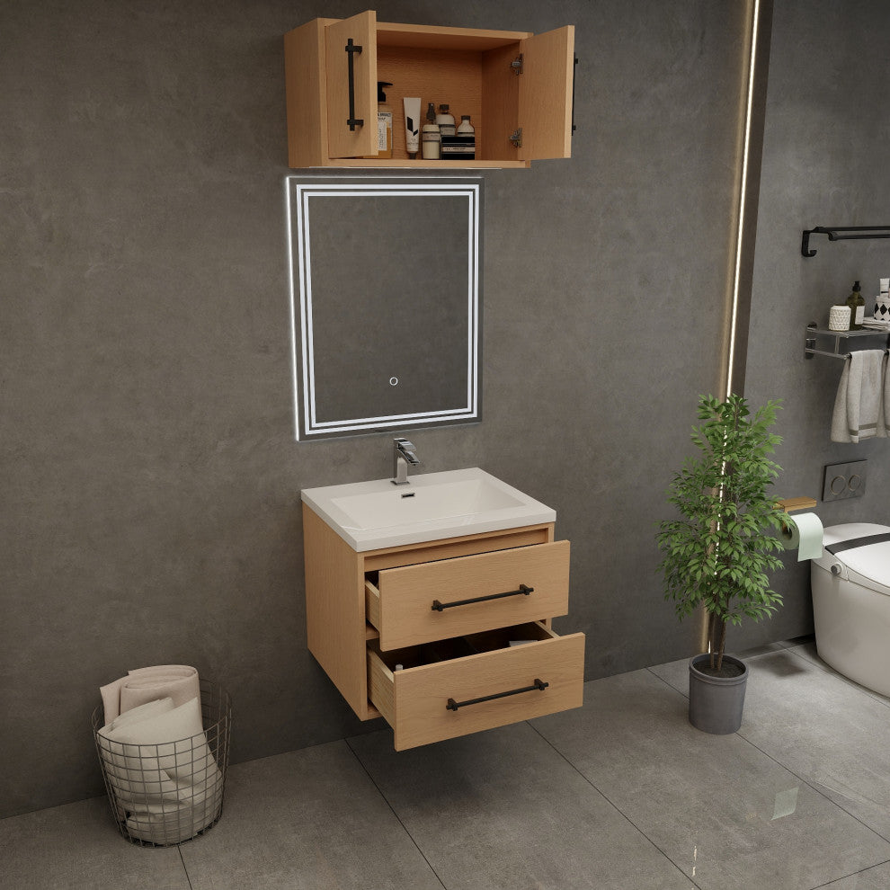 Victoria 24" Solid Wood Bath Vanity, Overhead Cabinet, Yellow Oak