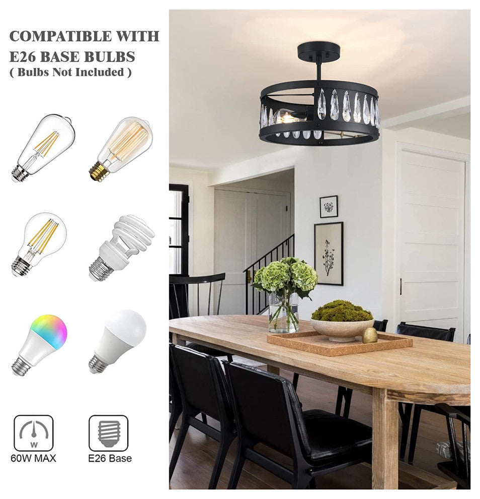 2 Light Semi Flush Ceiling Light, Crystal, Industrial Ceiling Lamp