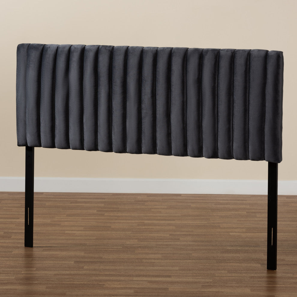 Gray Velvet Fabric Upholstered and Dark Brown Finished Wood King Size Headboard