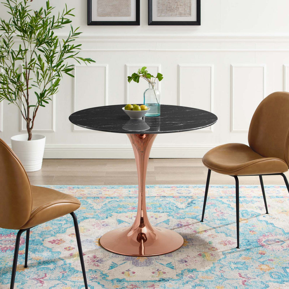 Dining Table, Round, Artificial Marble, Metal, Rose Gold Black, Modern, Bistro