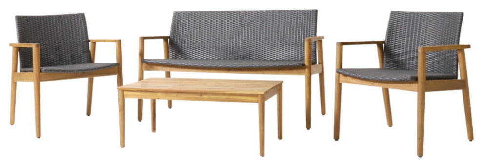 Alamosa Outdoor Wicker and Acacia Wood 4 Seater Chat , Gray and Teak