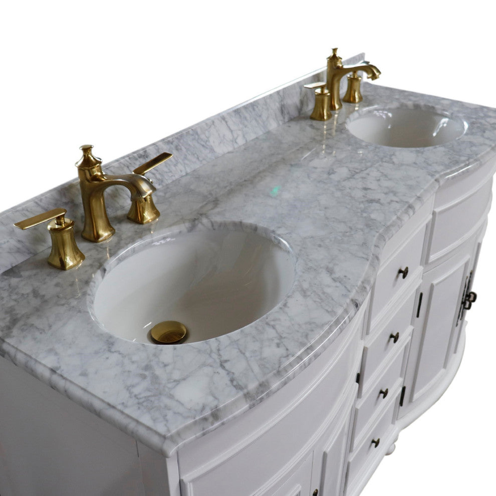 62" Double Sink Vanity Antique White Finish, White Marble Top