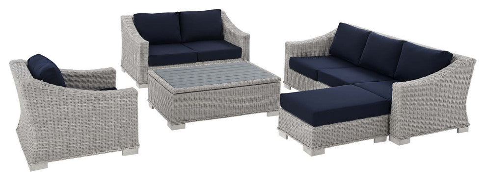 Lounge Sofa Chair Table Set, Rattan, Wicker, Gray Blue Navy, Outdoor