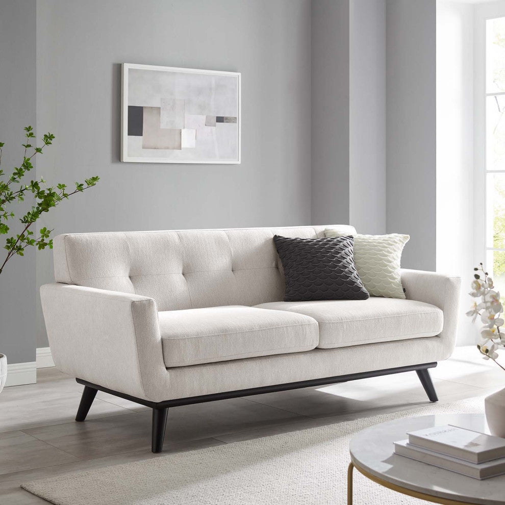 Loveseat Sofa, Ivory White, Fabric, Modern, Mid Century Hotel Lounge Cafe Lobby