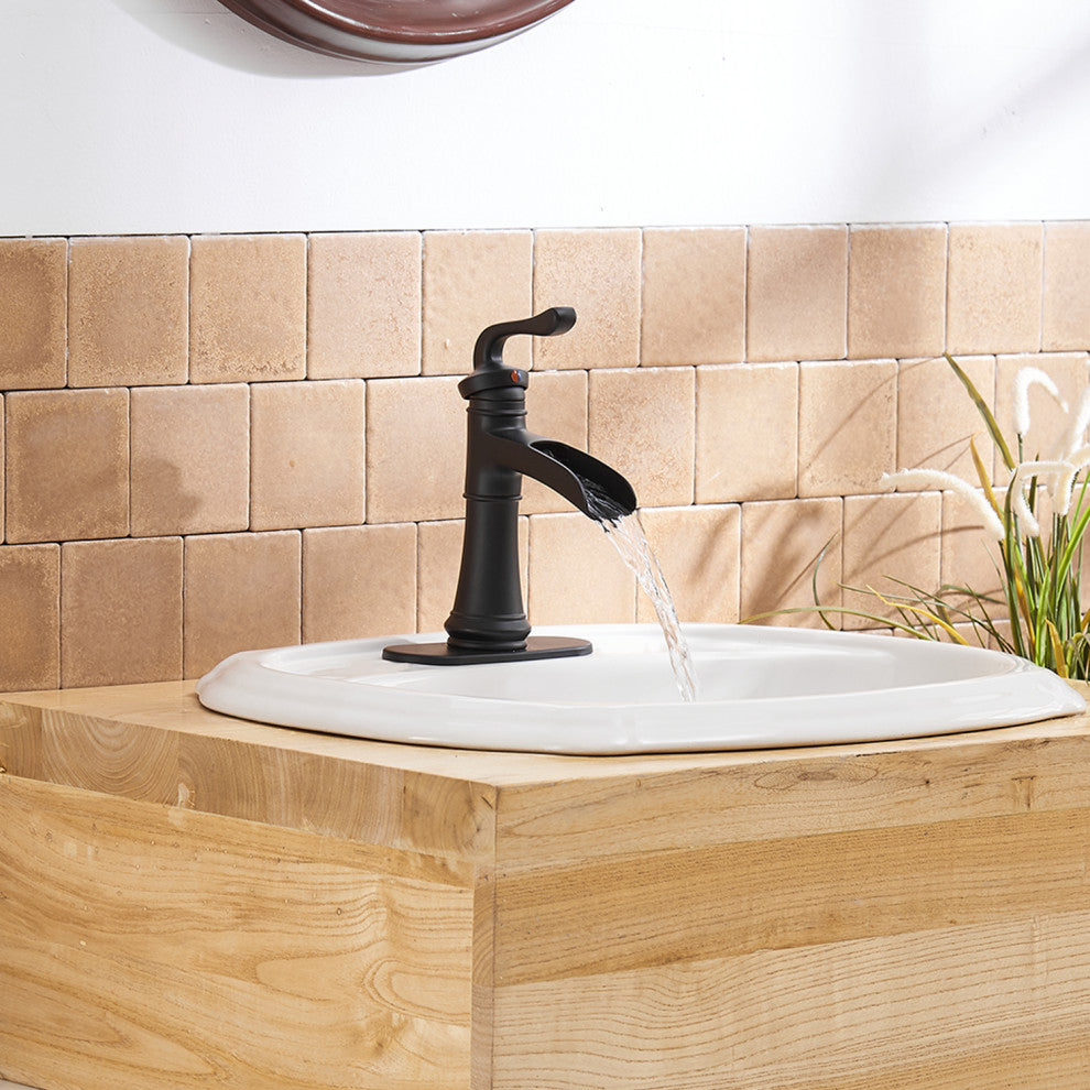 Waterfall Spout Bathroom Sink Faucet with Pop-up Drain, Matte Black