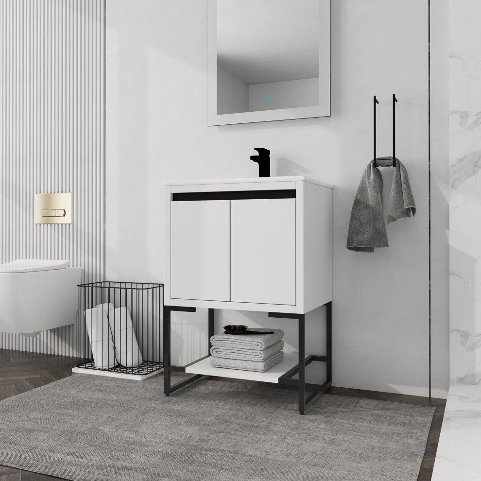 24" Plywood Freestanding Bath Vanity Set, Integrated Resin Basin