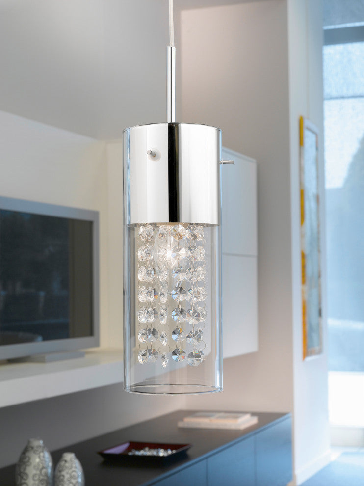 Eglo 1x60w Mini Pendant W/ Chrome Finish & Clear Glass W/ Crystal Strands - 9069