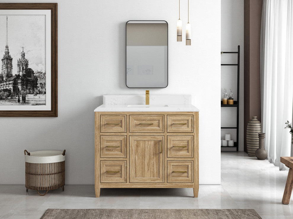 Santa Monica 42 Single Sink Bath Vanity in Whitewashed Teak 1.5" Empira Quartz