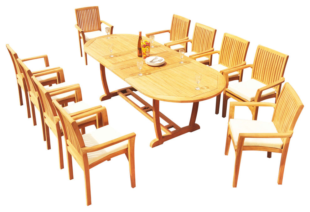 11-Piece Outdoor Teak Dining Set: 94" Masc Oval Table, 10 Lua Stacking Chairs