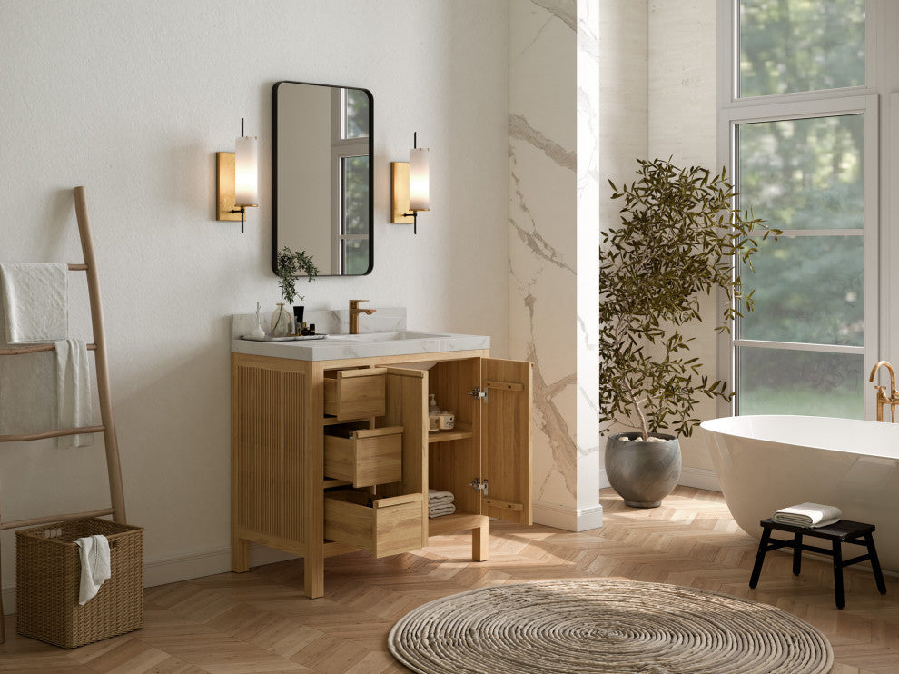 Elizabeth 36 Right Offset Bath Vanity in Light Natural Teak 2" Carrara Marble