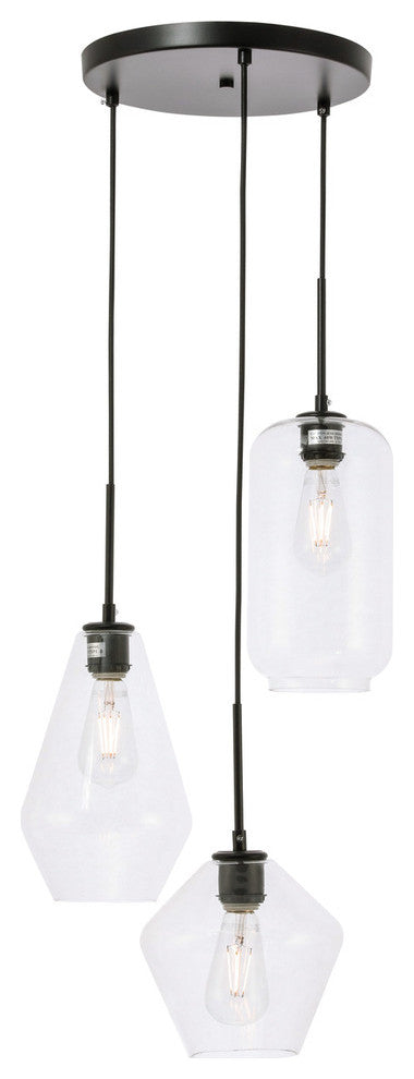 Gene 3 Light Pendant in Black & Clear Glass