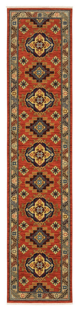 Lizbeth Medallion Border Red/Multi Wool Blend Fringed Area Rug, 2'6"X12'