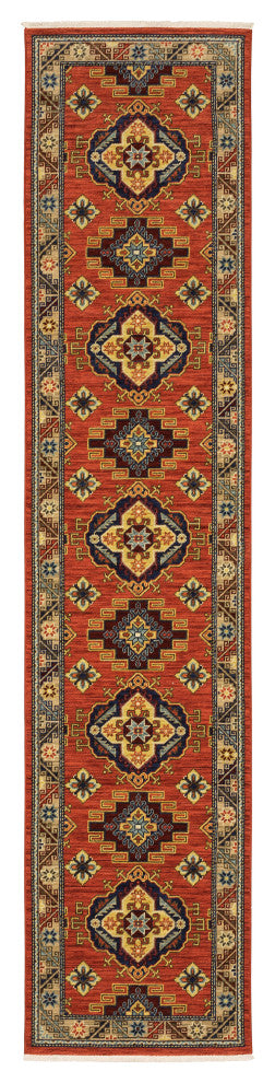 Lizbeth Medallion Border Red/Multi Wool Blend Fringed Area Rug, 2'6"X12'
