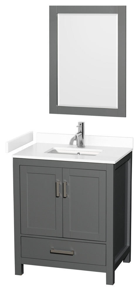 30"SGL Bathroom Vanity Dark Gray, White Cult. Marble Countertop, Sink, 24"Mirror