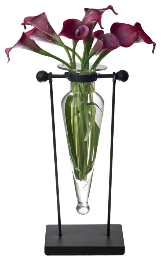 Amphora Vase on Swiveling Iron Stand With Finials and Hinge, Clear