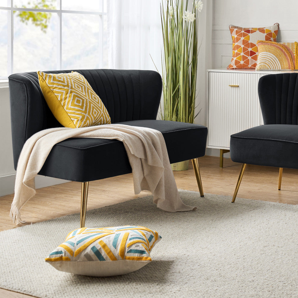 Velvet Tufted Loveseat Sofa With Golden Base, Black