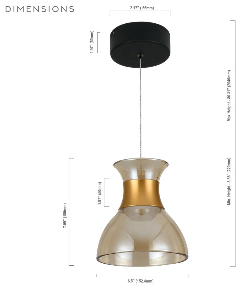 Palermo 7" ETL Certified Integrated LED Height Adjustable Pendant, Black