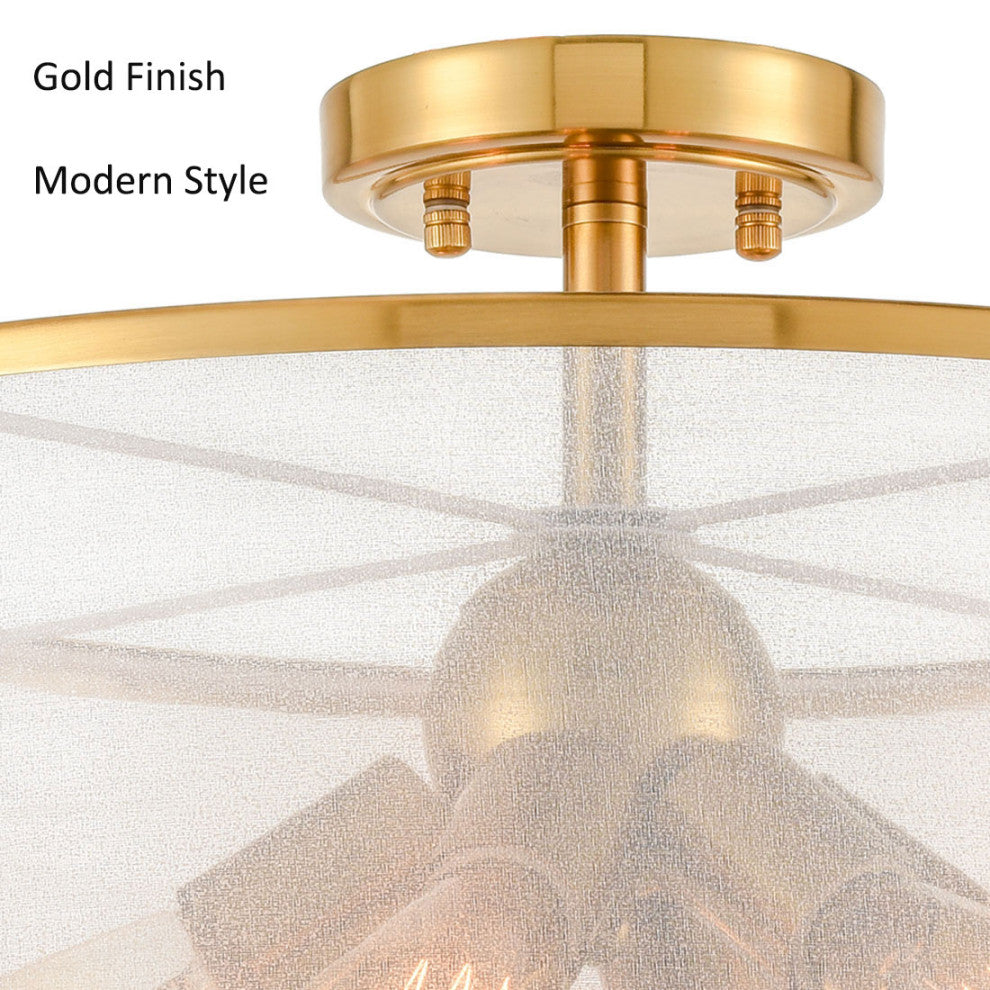 Modern Drum Organza Semi Flush Ceiling Light Gold 6-Light Chandelier