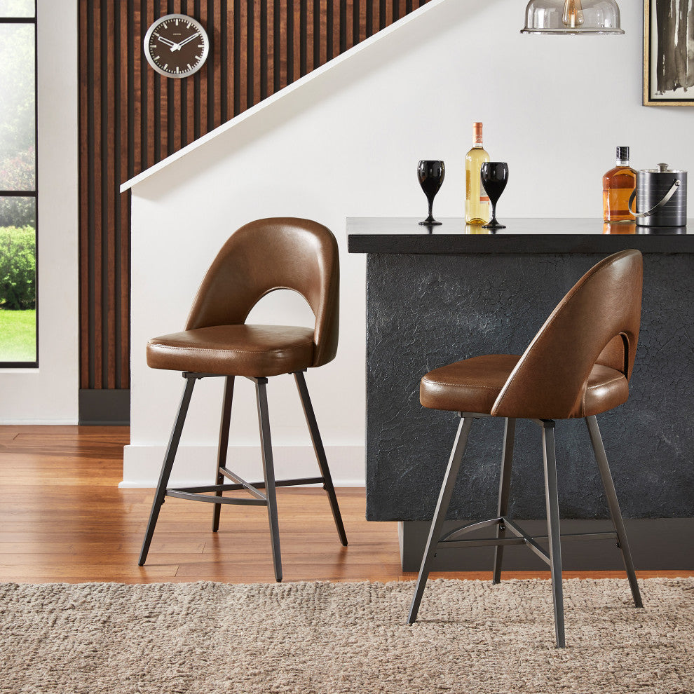 Tierno 24" Counter Height Metal Swivel Stools, Set of 2, Brown PU Leather