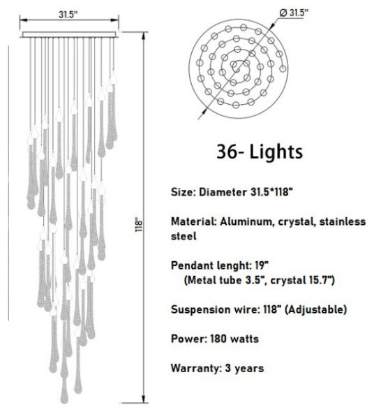 Luxury modern crystal chandelier for staircase, living space, bathroom., 36 Lights