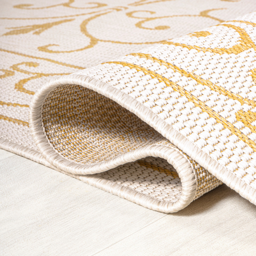 Charleston Filigree Textured Weave Indoor/Outdoor, Cream/Yellow, 2 X 8