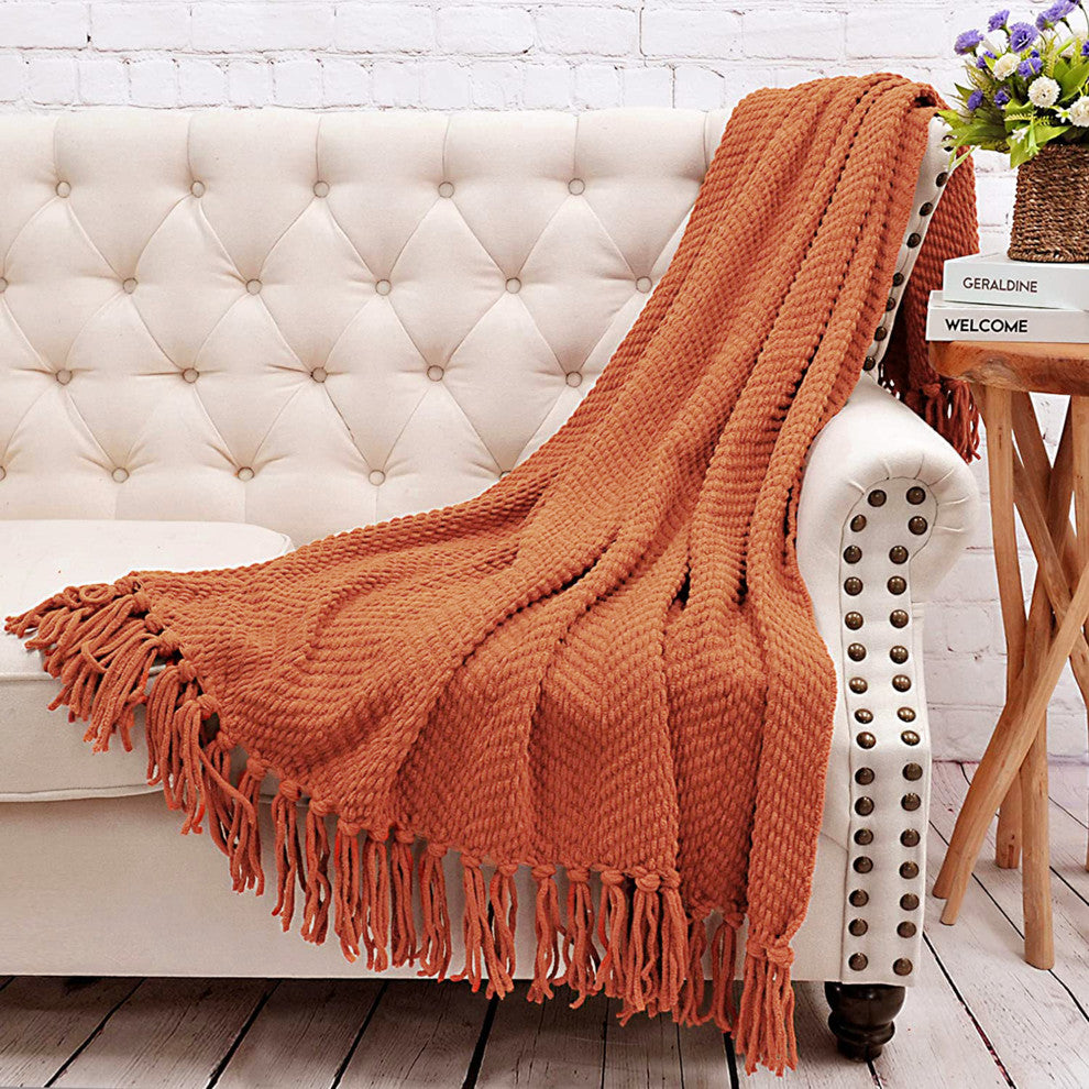 Tweed Knitted Throw Blanket, Rust, 60"x80"