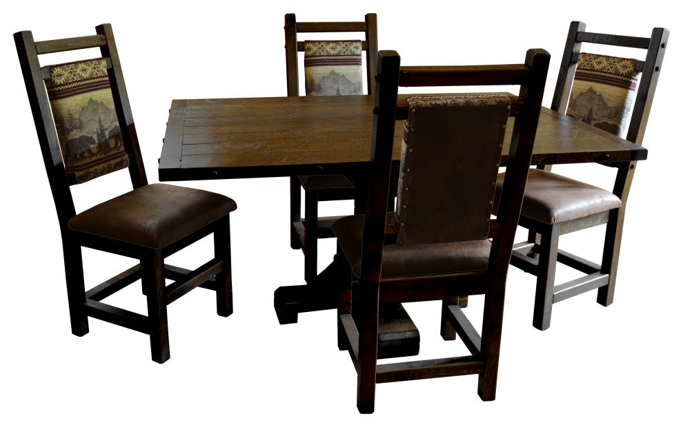 Barnwood Style Timber Peg Pedestal Dining Set, Woodland Smoke, 36" X 60", Bear Run and Palomino Tobacco