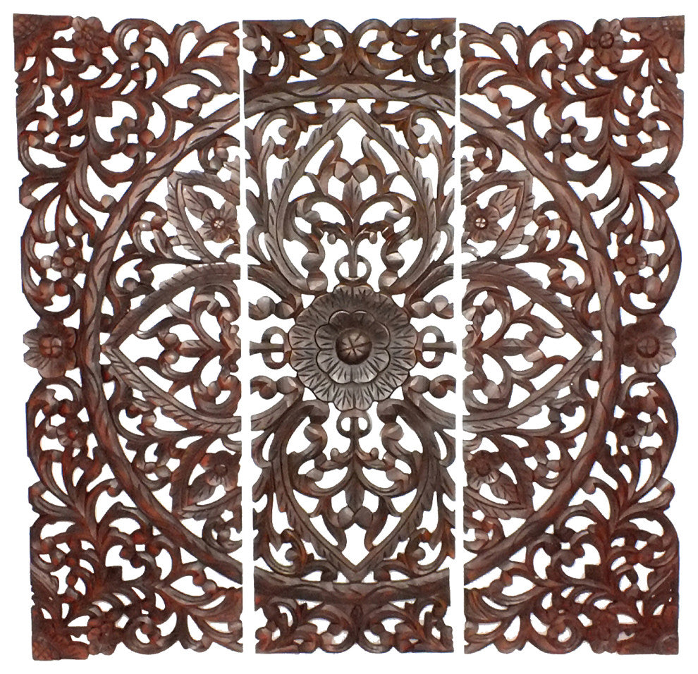 Benzara Three Piece Wooden Wall Panel Set with Traditional Scrollwork, Brown